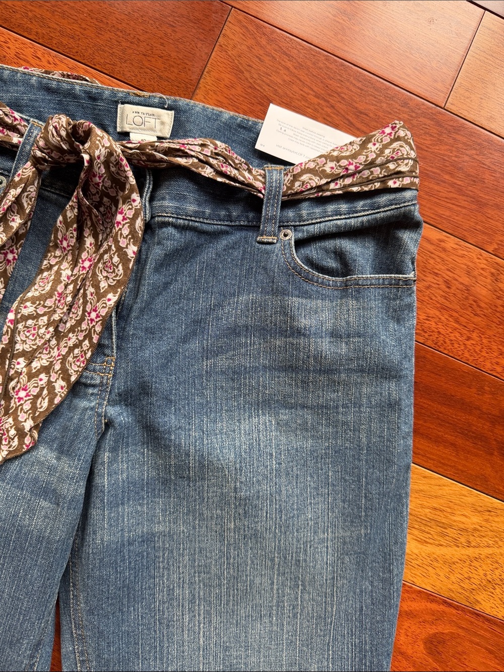 LOFT Blue Flare Jeans with Patterned Waist Scarf Embroidered back Pockets - Picture 5 of 10